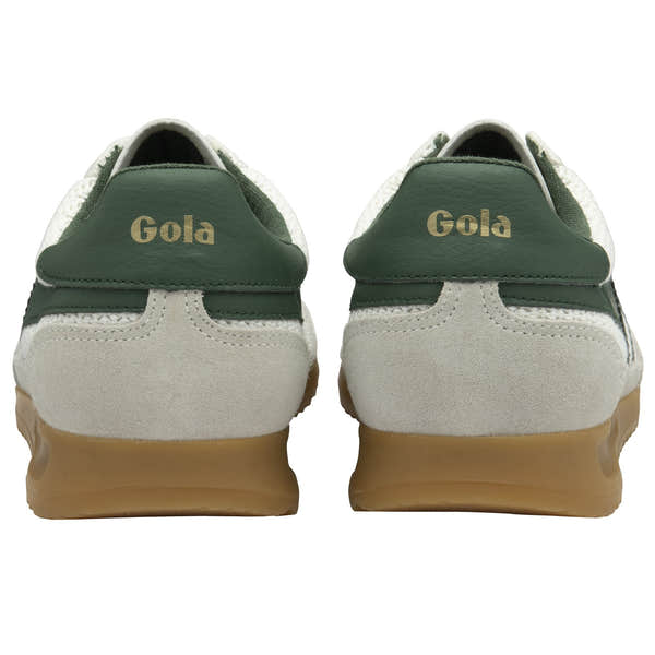 Gola Tornado Zephyr women's off-white and evergreen leather and textile lace-up trainers, cushioned sole, back view.