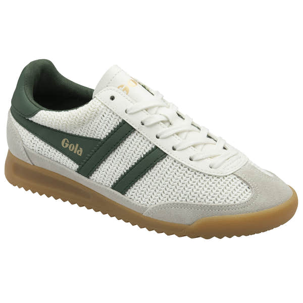 Gola Tornado Zephyr women's off-white and evergreen leather and textile lace-up trainers with gum sole.