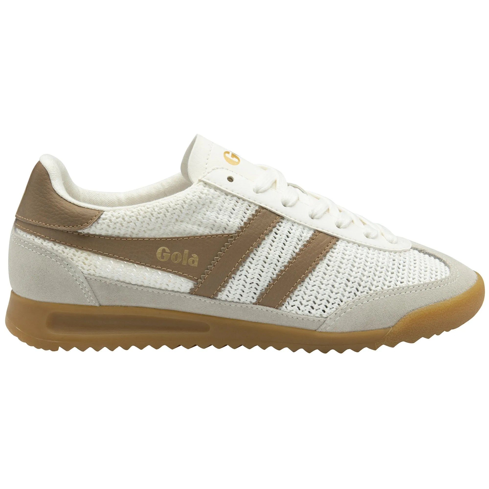 Gola Tornado Zephyr women's off-white and light caramel leather and textile lace-up trainers with a rubber sole.