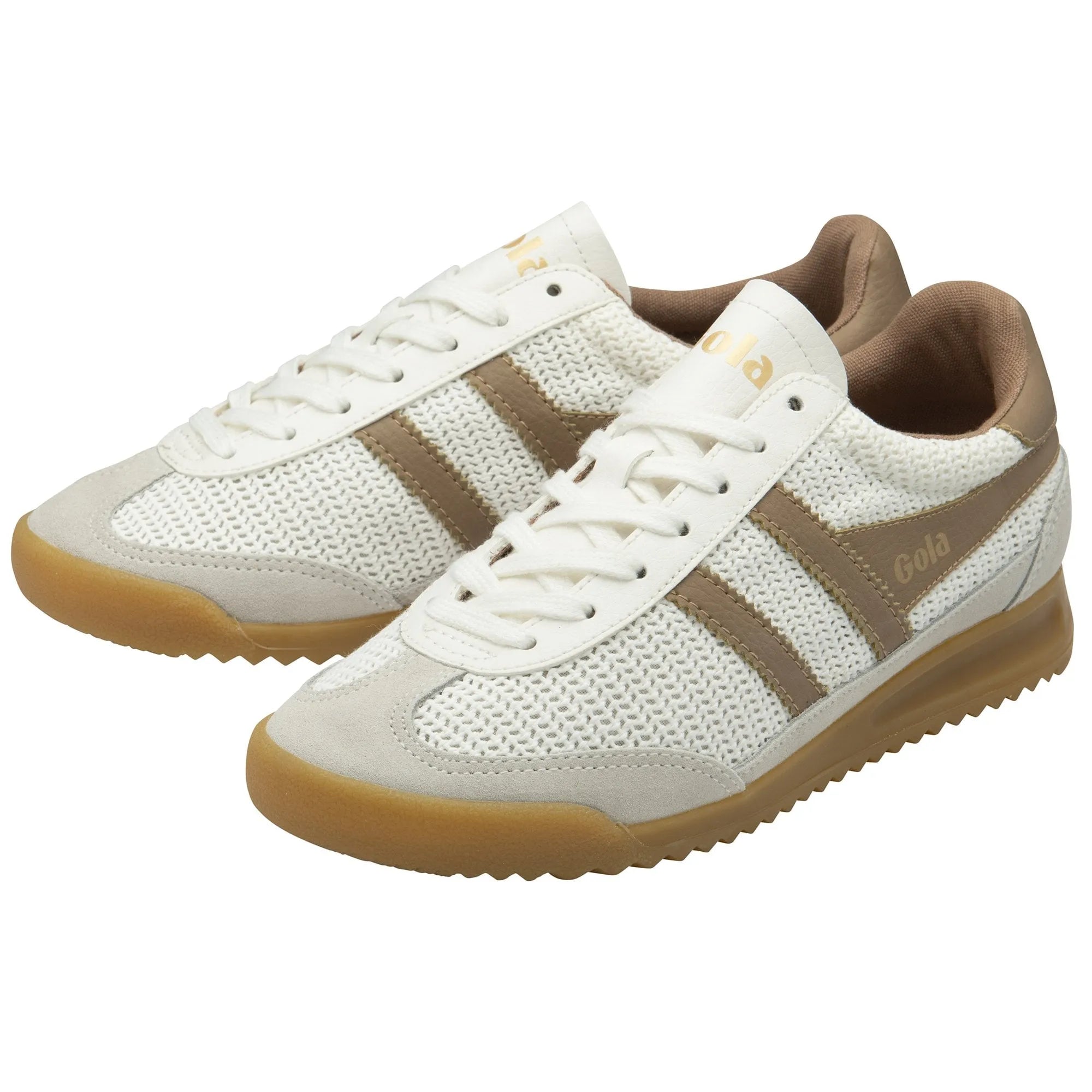 Gola Tornado Zephyr ladies off-white and light caramel leather and textile lace-up trainers with rubber soles.