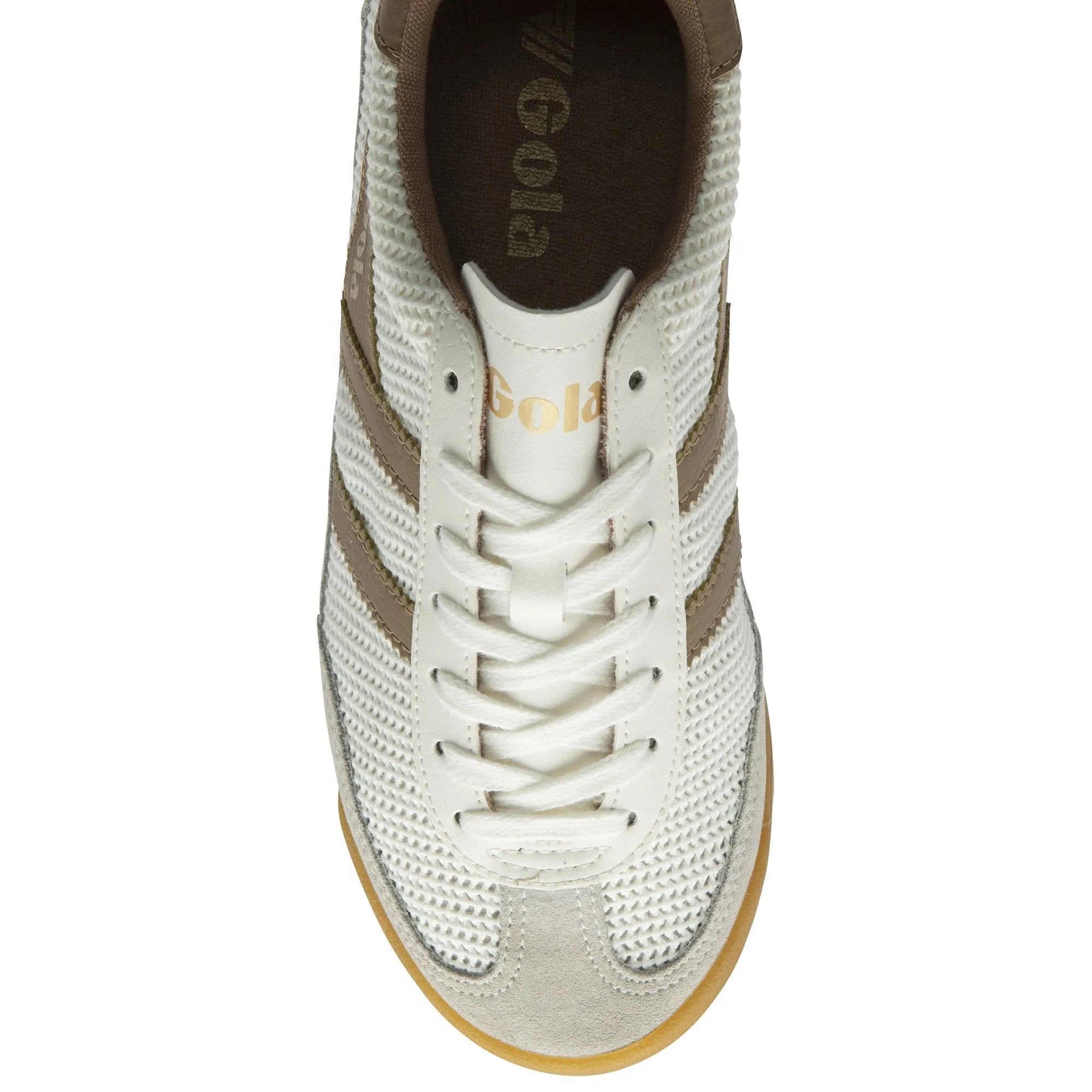 Gola Tornado Zephyr ladies off-white and light caramel leather and textile lace-up trainers, with cushioned interior and gum sole.