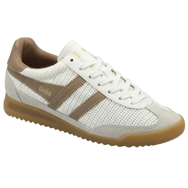 Gola Tornado Zephyr women's off-white and light caramel leather and textile lace-up trainers with cushioned interior and gum sole.