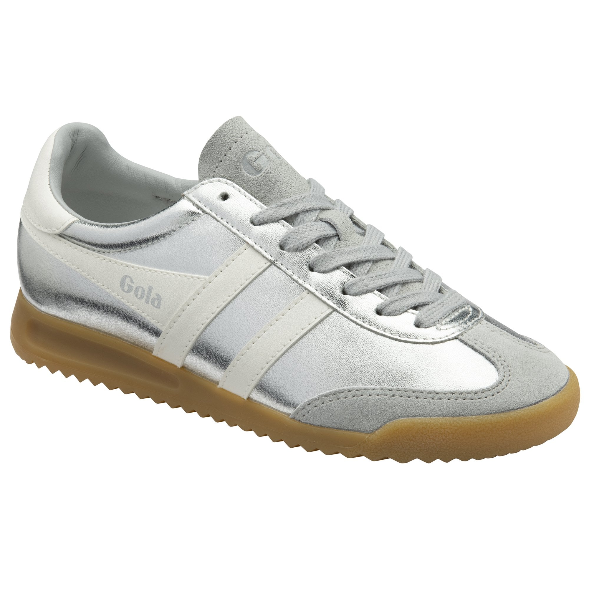 Gola Torpedo Glimmer women's silver and off-white leather lace-up trainers with gum sole.