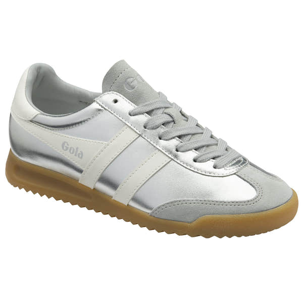 Gola Torpedo Glimmer women's silver and off-white leather lace-up trainers with gum sole.