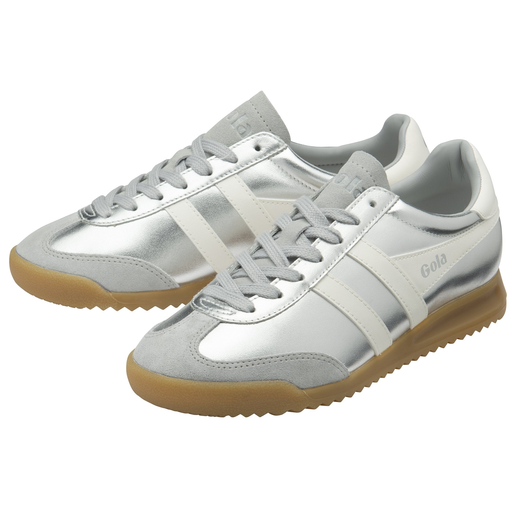 Gola Torpedo Glimmer Ladies Silver/Off White Leather Lace-Up Trainers with gum soles.