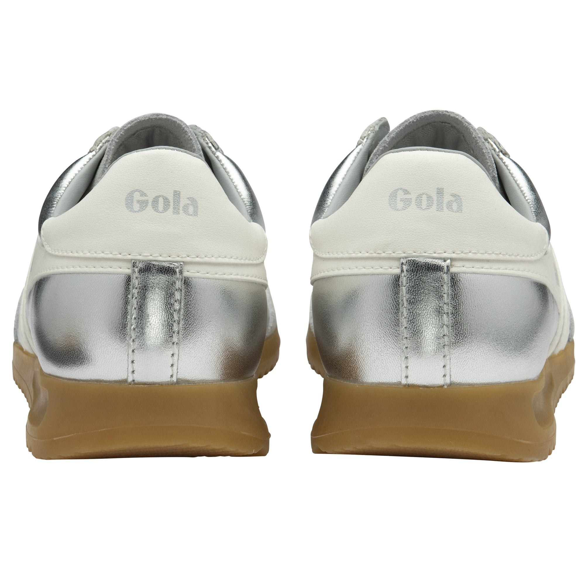 Gola Torpedo Glimmer Ladies Silver/Off White Leather Lace-Up Trainers with metallic accents and gum soles.
