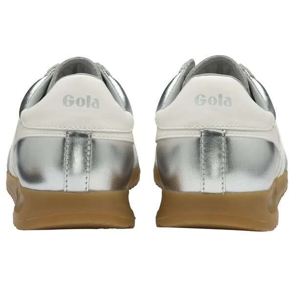 Gola Torpedo Glimmer Ladies Silver/Off White Leather Lace-Up Trainers with metallic accents and gum soles.