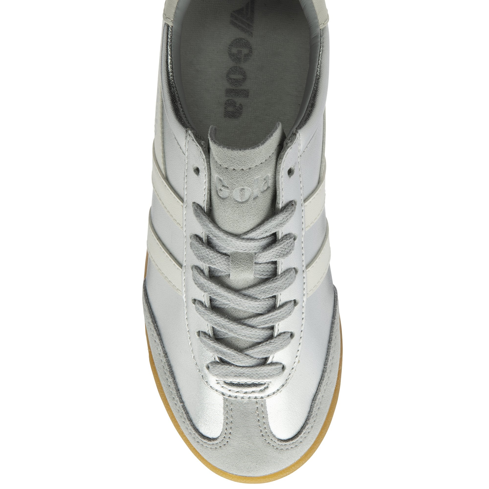 Gola Torpedo Glimmer ladies' silver/off-white leather lace-up trainers with stylish stitching and gum sole.