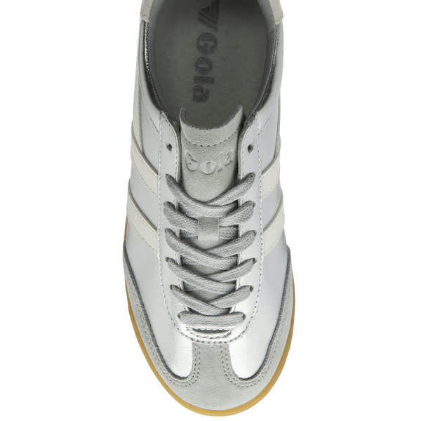 Gola Torpedo Glimmer ladies' silver/off-white leather lace-up trainers with stylish stitching and gum sole.