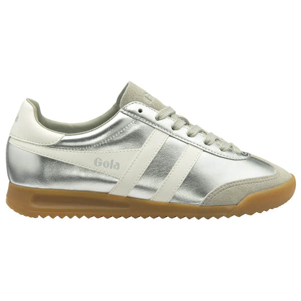 Gola Torpedo Glimmer women's silver and off-white leather lace-up trainers with gum sole.