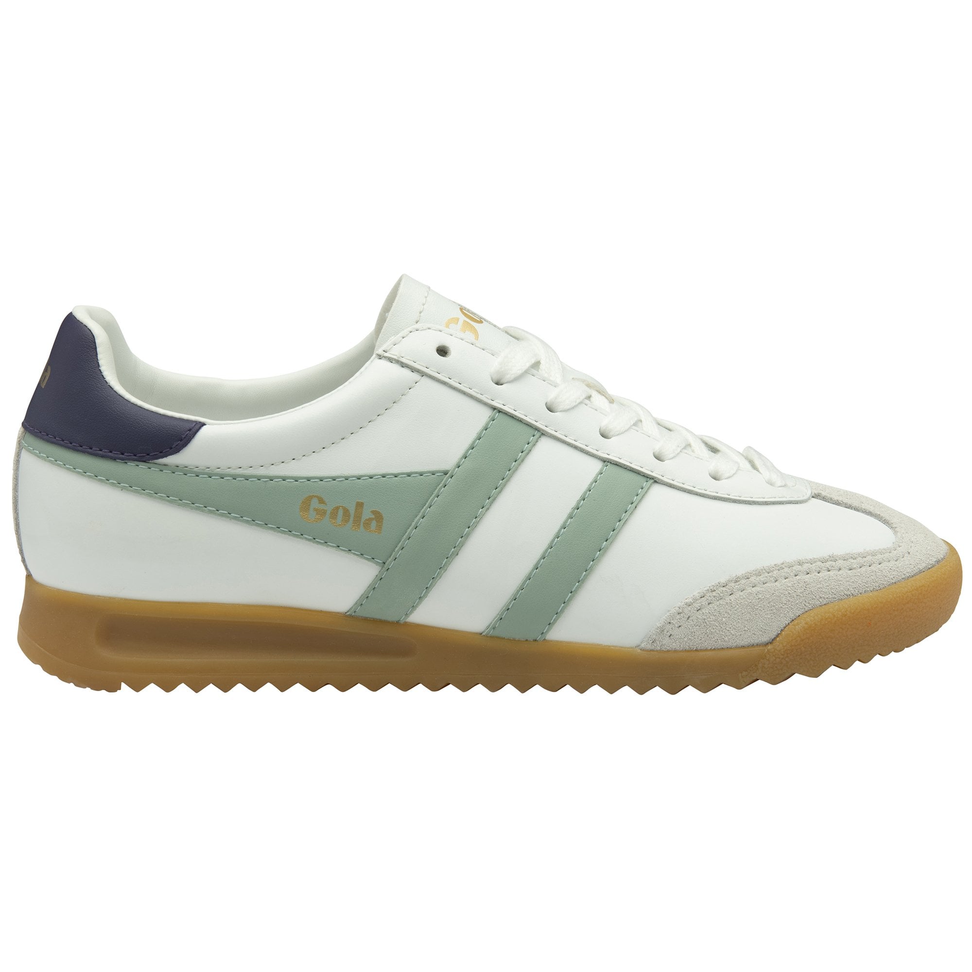 Gola Torpedo leather women's trainers in white, surf, and plum with lace-up design, leather upper, and gum sole.