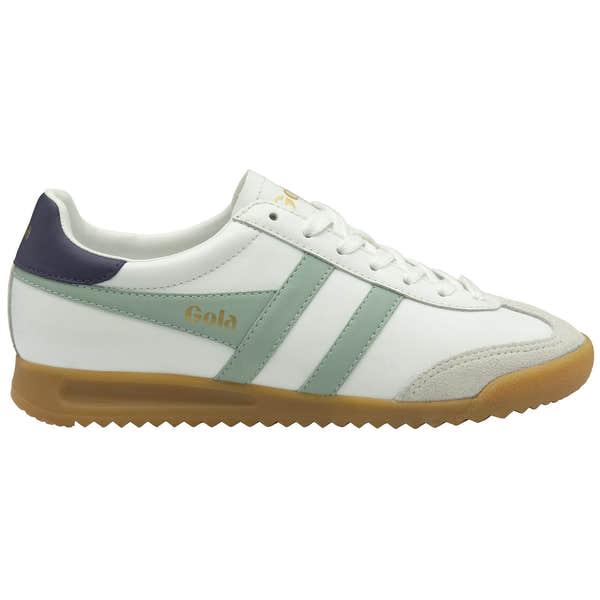 Gola Torpedo leather women's trainers in white, surf, and plum with lace-up design, leather upper, and gum sole.