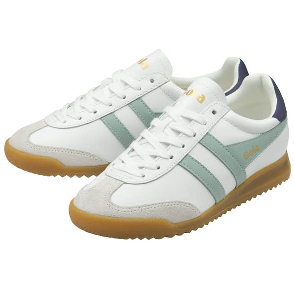 Gola Torpedo leather ladies' white, surf, and plum lace-up trainers with beige sole and teal side stripes.