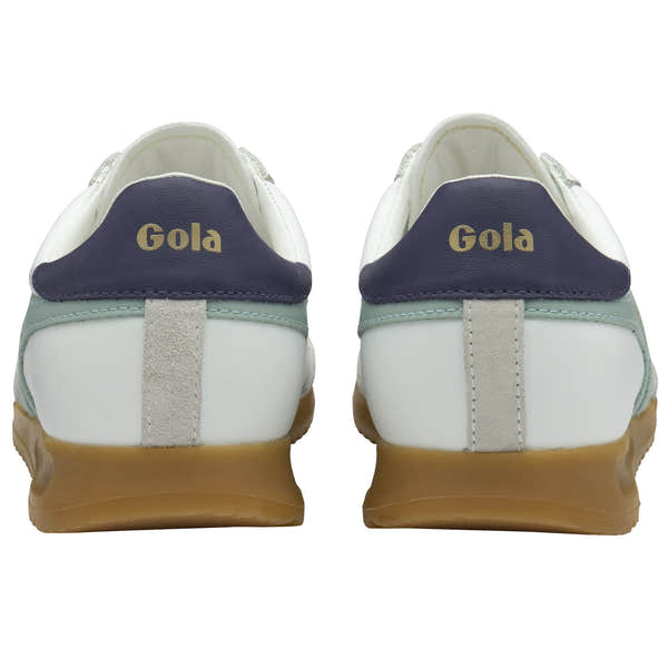 Gola Torpedo ladies' leather trainers in white, surf, and plum with lace-up design and gum sole.
