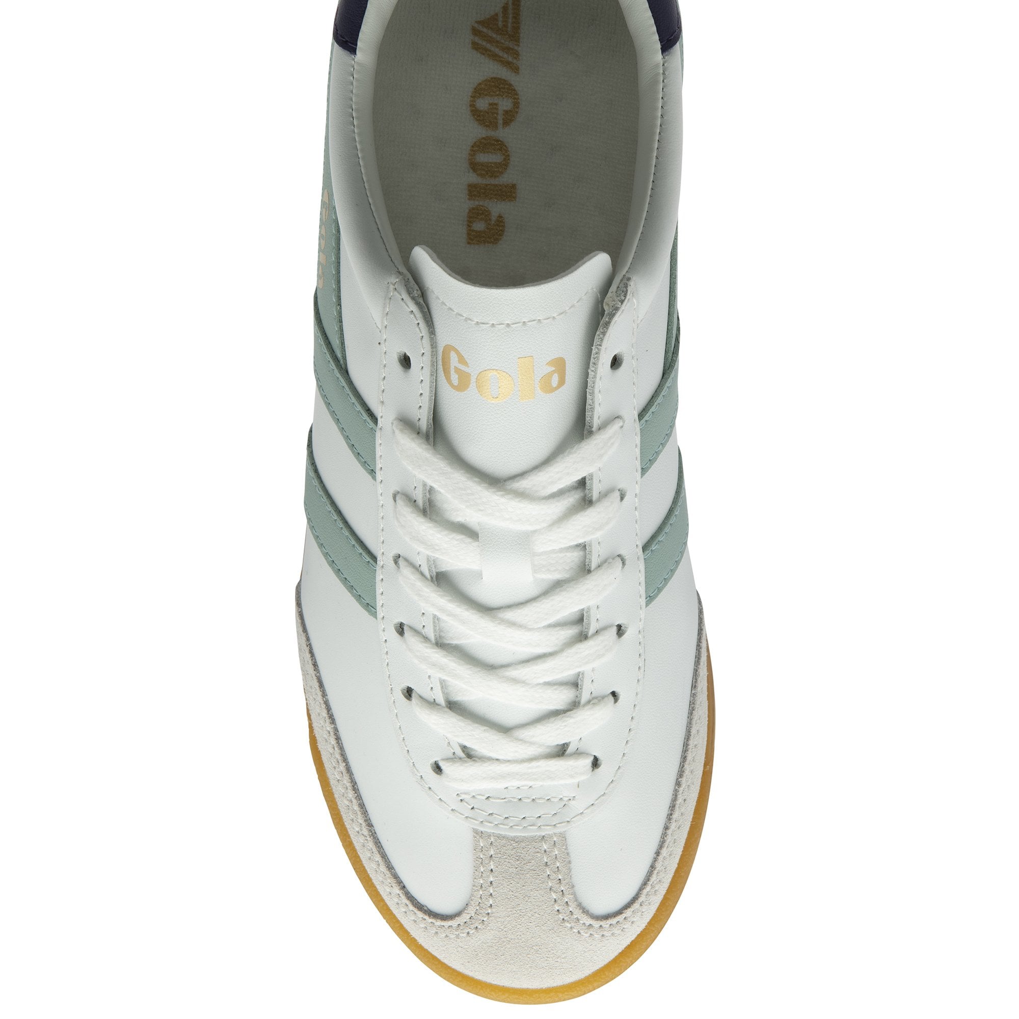 Gola Torpedo leather women's trainers in white, surf, and plum with lace-up design and gum sole.