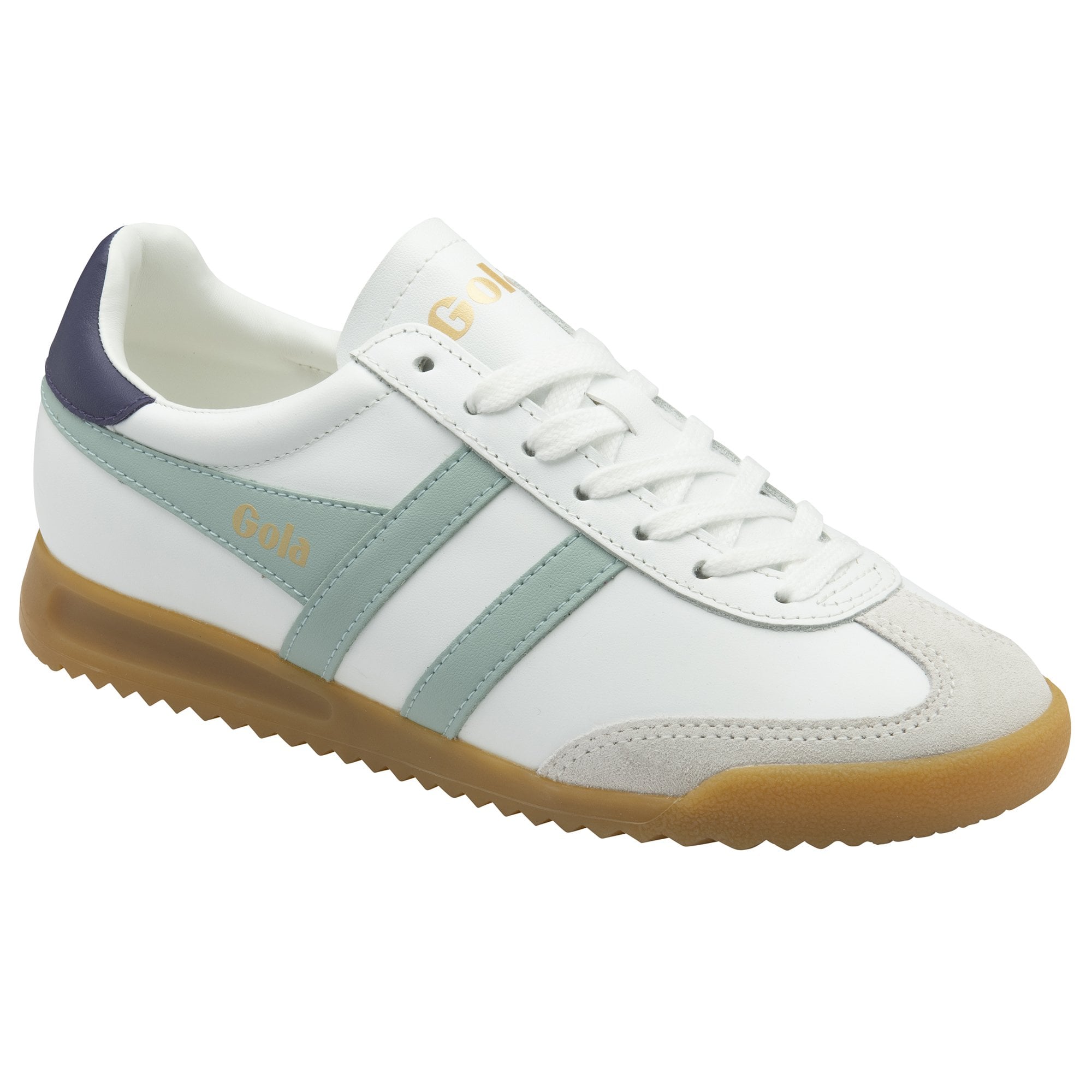 White leather women's lace-up trainers with surf and plum accents, beige sole, and classic design.