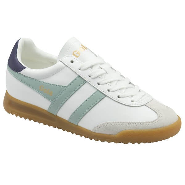 White leather women's lace-up trainers with surf and plum accents, beige sole, and classic design.