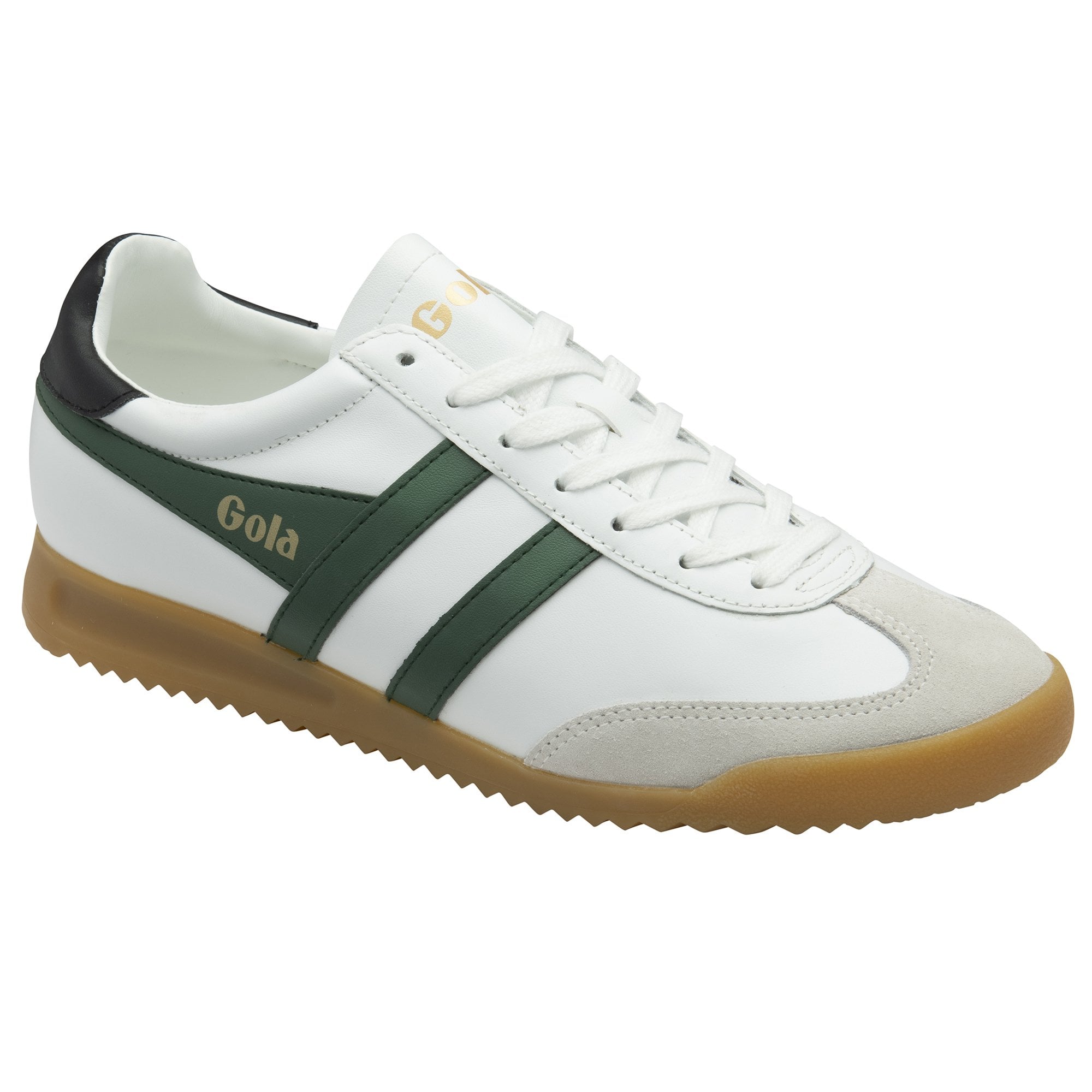 Mens Gola Torpedo leather sneakers in white, black, and evergreen with lace-up design and gum sole.