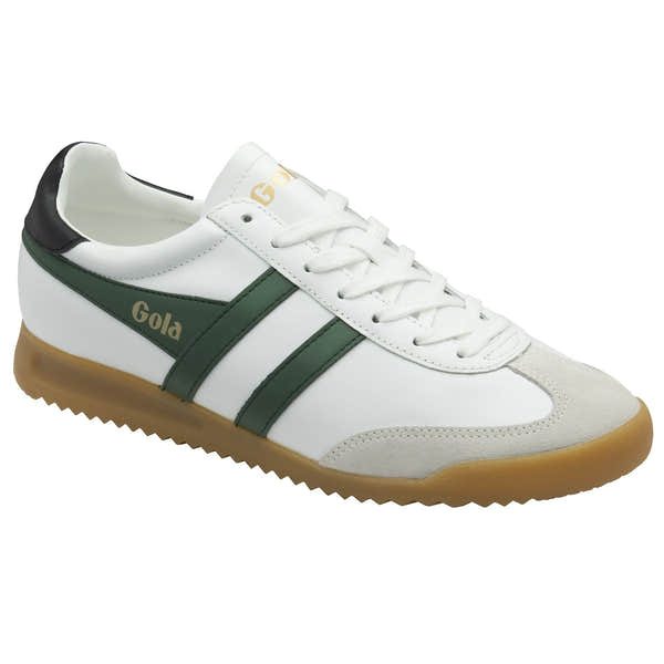 Mens Gola Torpedo leather sneakers in white, black, and evergreen with lace-up design and gum sole.