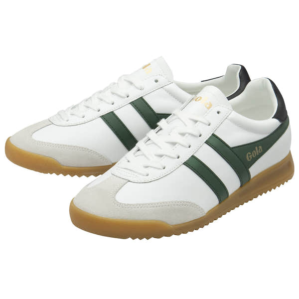 Gola Torpedo men's leather lace-up trainers in white, black, and evergreen with gum sole and stylish design.