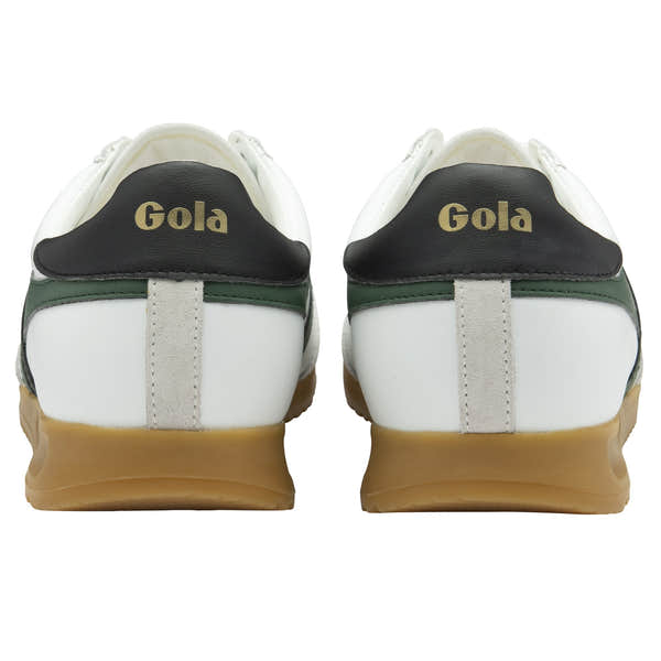 Gola Torpedo leather men's trainers in white, black, and evergreen with lace-up design and gum sole.
