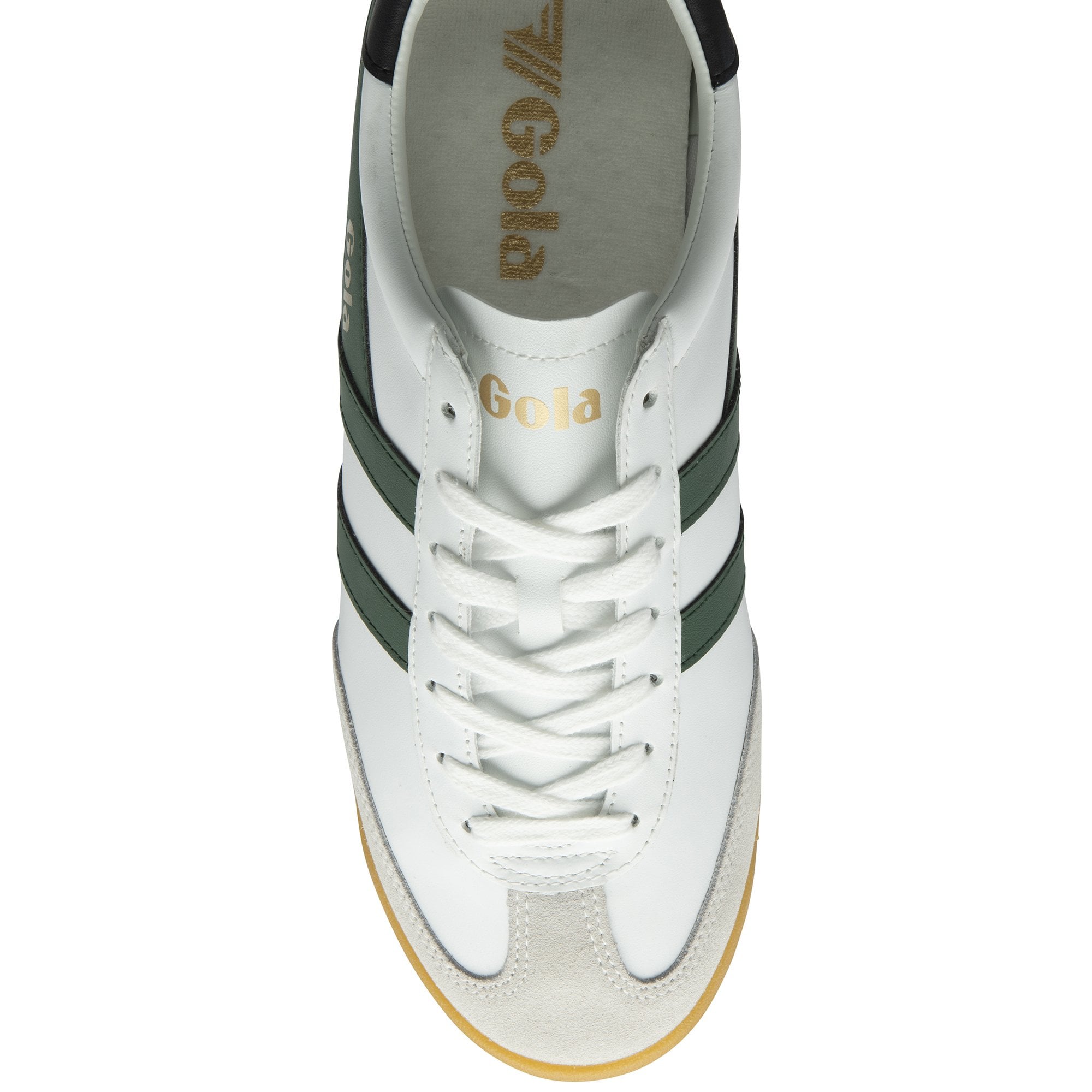 Gola Torpedo men's leather trainers in white, black, and evergreen with lace-up closure and gum sole.