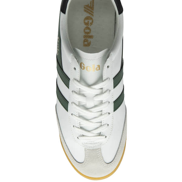 Gola Torpedo men's leather trainers in white, black, and evergreen with lace-up closure and gum sole.