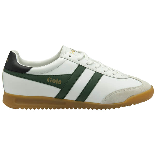 Gola Torpedo men's leather sneakers in white, green accents, black heel, lace-up, suede toe, rubber sole.