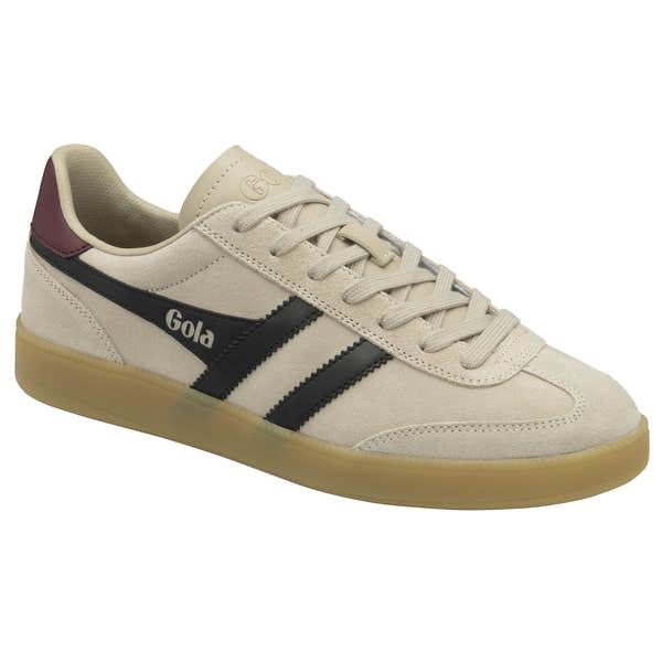 Gola Viper men's lace-up trainers in bone, black, red ochre, and gum suede with black side stripes and beige interior.