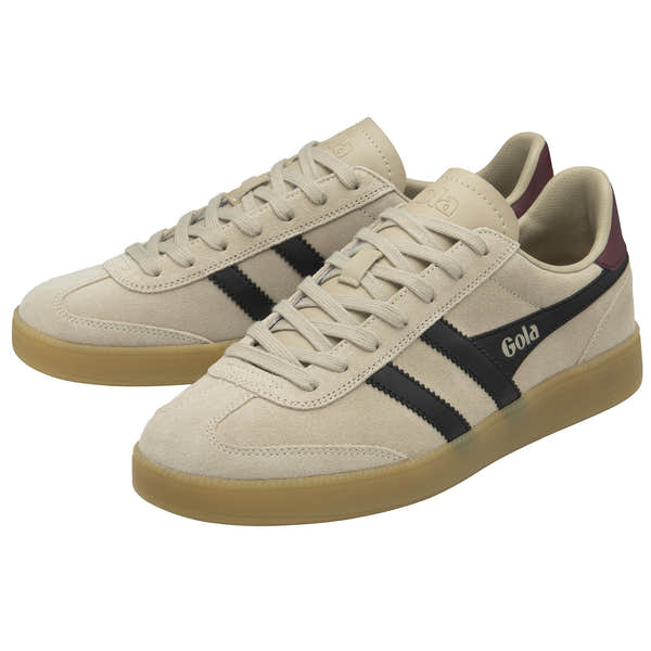 Gola Viper men's lace-up trainers in bone, black, red ochre, and gum suede with black stripe details and cushioned interior.