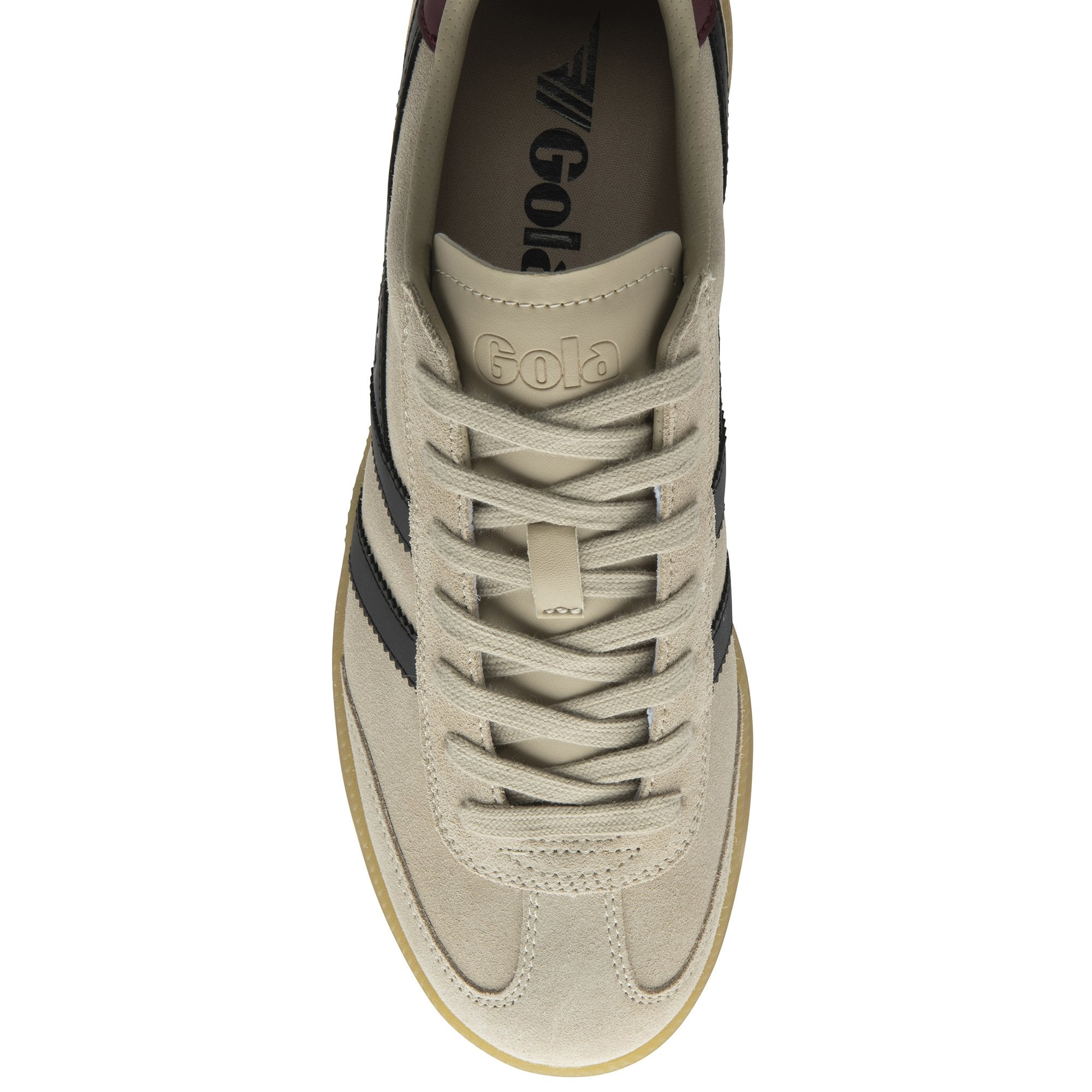 Gola Viper men's lace-up trainers in bone, black, red ochre, and gum suede with beige laces and branding detail.