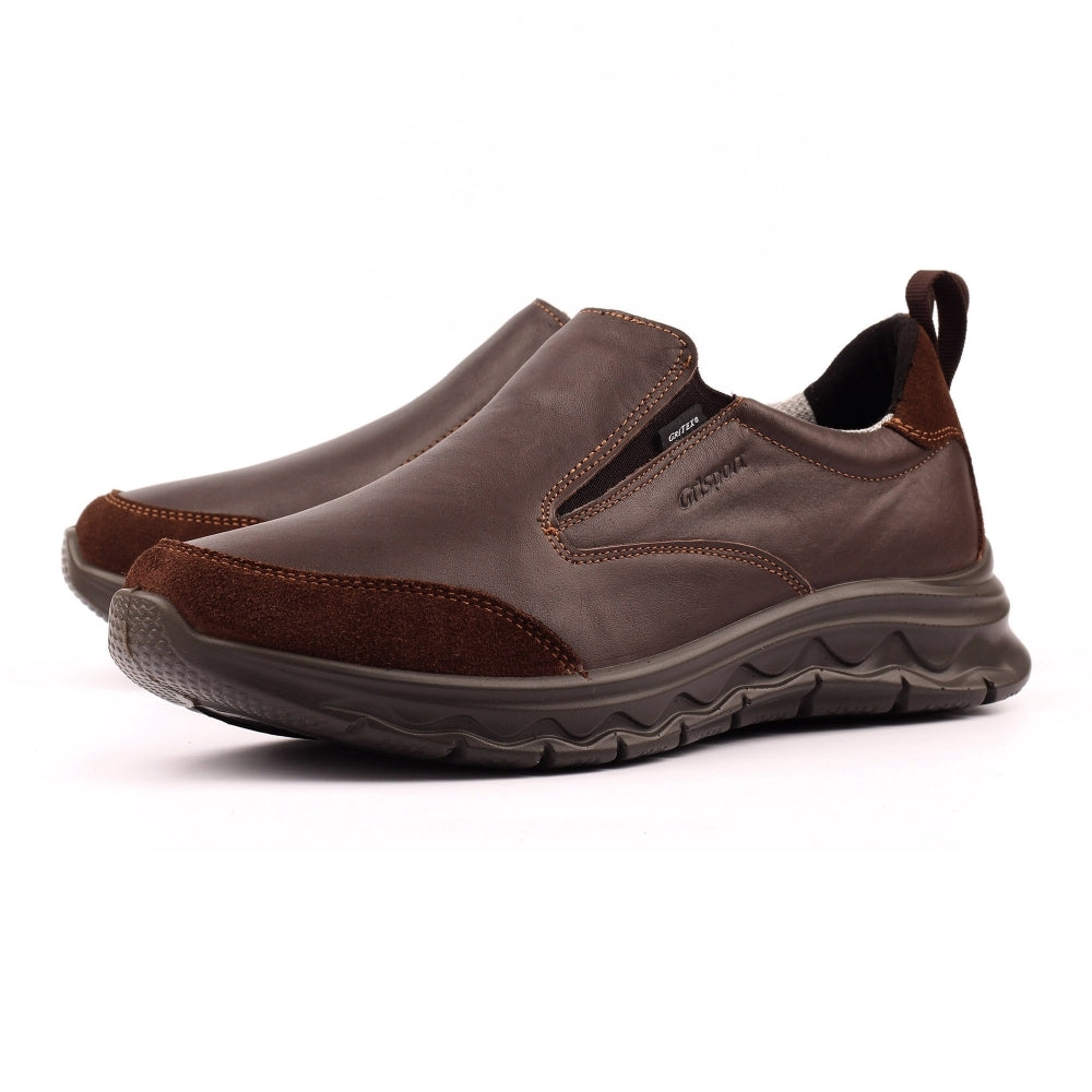 Grisport BMG086 men's brown leather slip-on shoes with cushioned sole and suede accents.