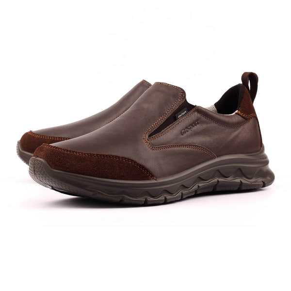Grisport BMG086 men's brown leather slip-on shoes with cushioned sole and suede accents.