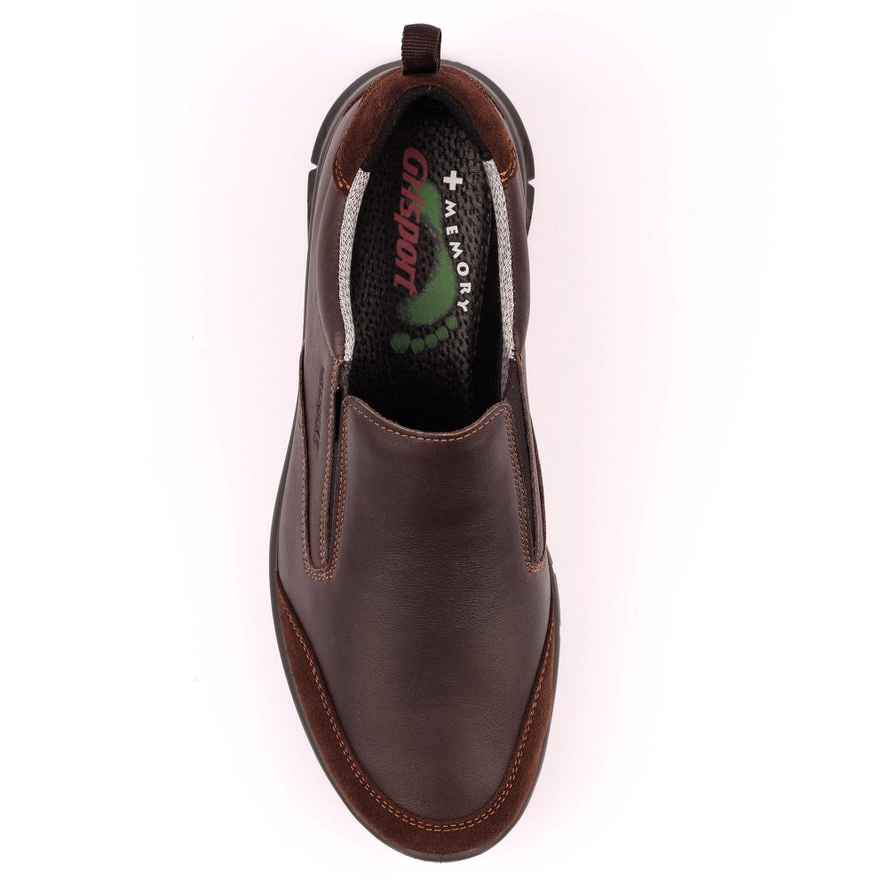 Mens brown leather slip-on shoes with elastic side panels and cushioned insole, Grisport BMG086 Stride model.