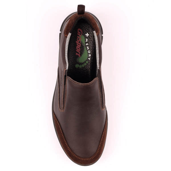 Mens brown leather slip-on shoes with elastic side panels and cushioned insole, Grisport BMG086 Stride model.