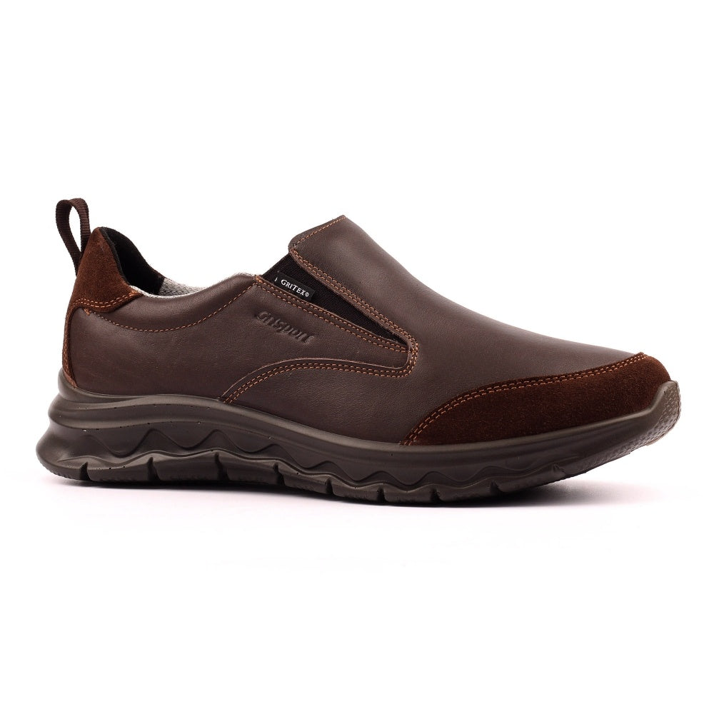 Grisport BMG086 Stride men's brown leather slip-on shoes with cushioned outsole and suede accents.