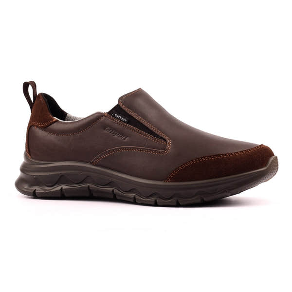 Grisport BMG086 Stride men's brown leather slip-on shoes with cushioned outsole and suede accents.