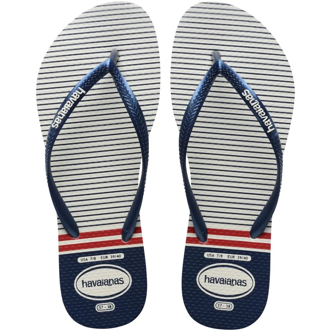 Havaianas Slim Nautical Ladies White/Brown/Red Toe Post Sandals