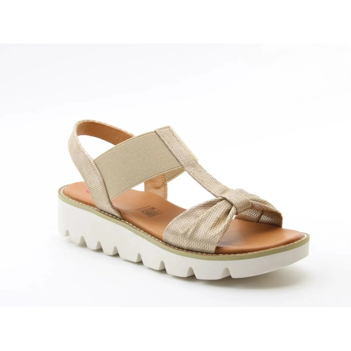 Heavenly Feet Accord Shimmer Ladies Gold Vegan Elasticated Sandals with chunky white sole and knot detail.