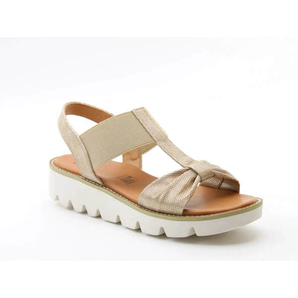Heavenly Feet Accord Shimmer Ladies Gold Vegan Elasticated Sandals with chunky white sole and knot detail.