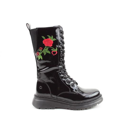 Heavenly Feet Avena2 Rose women's black patent vegan mid-calf boots with lace-up and zipper, floral embroidery, chunky sole.