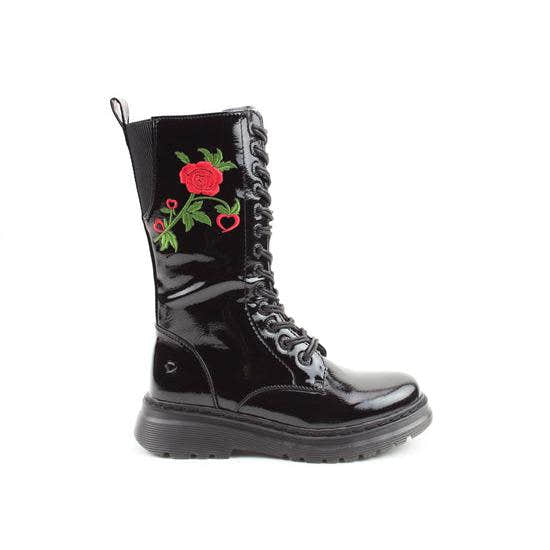 Heavenly Feet Avena2 Rose women's black patent vegan mid-calf boots with lace-up and zipper, floral embroidery, chunky sole.