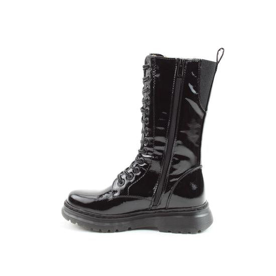 Heavenly Feet Avena2 Rose women's black patent vegan mid-calf boots with lace-up, zip closure, and chunky sole.