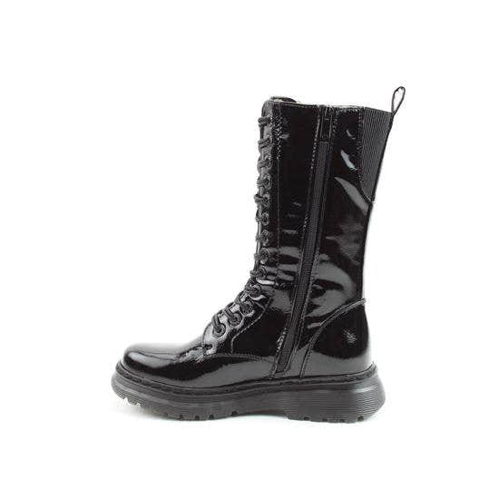Heavenly Feet Avena2 Rose women's black patent vegan mid-calf boots with lace-up, zip closure, and chunky sole.