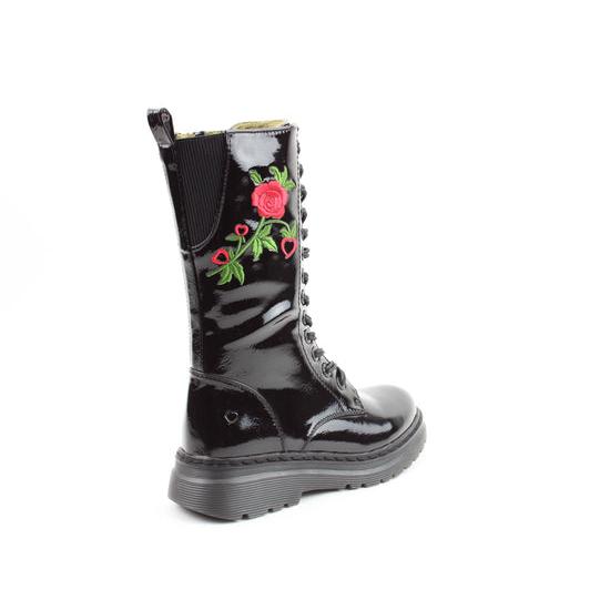 Heavenly Feet Avena2 Rose black vegan mid-calf boots with lace-up and zip closure, floral embroidery, chunky sole, stylish women's footwear.