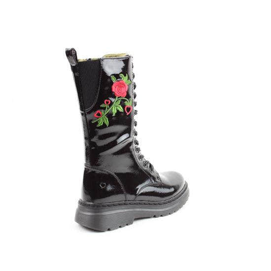 Heavenly Feet Avena2 Rose black vegan mid-calf boots with lace-up and zip closure, floral embroidery, chunky sole, stylish women's footwear.