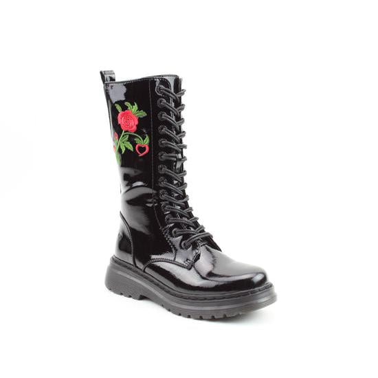 Heavenly Feet Avena2 Rose women's black patent vegan mid-calf boots with lace-up and side zip, floral embroidery, chunky sole.
