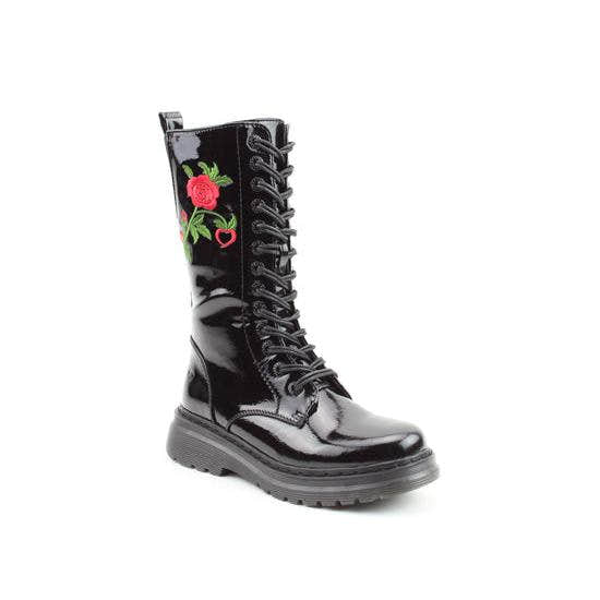 Heavenly Feet Avena2 Rose women's black patent vegan mid-calf boots with lace-up and side zip, floral embroidery, chunky sole.