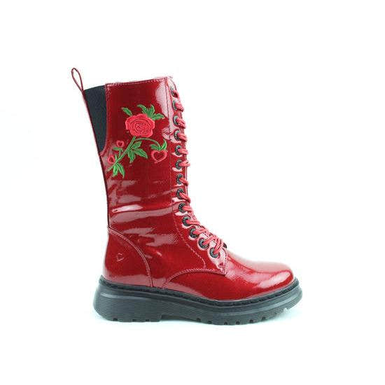 Heavenly Feet Avena2 Rose women's red patent vegan mid-calf boots with lace-up front and floral embroidery, chunky sole, zip closure.
