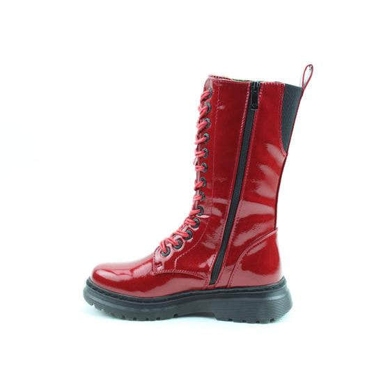 Heavenly Feet Avena2 Rose women's red patent vegan mid-calf lace-up and zip boots with chunky black sole.